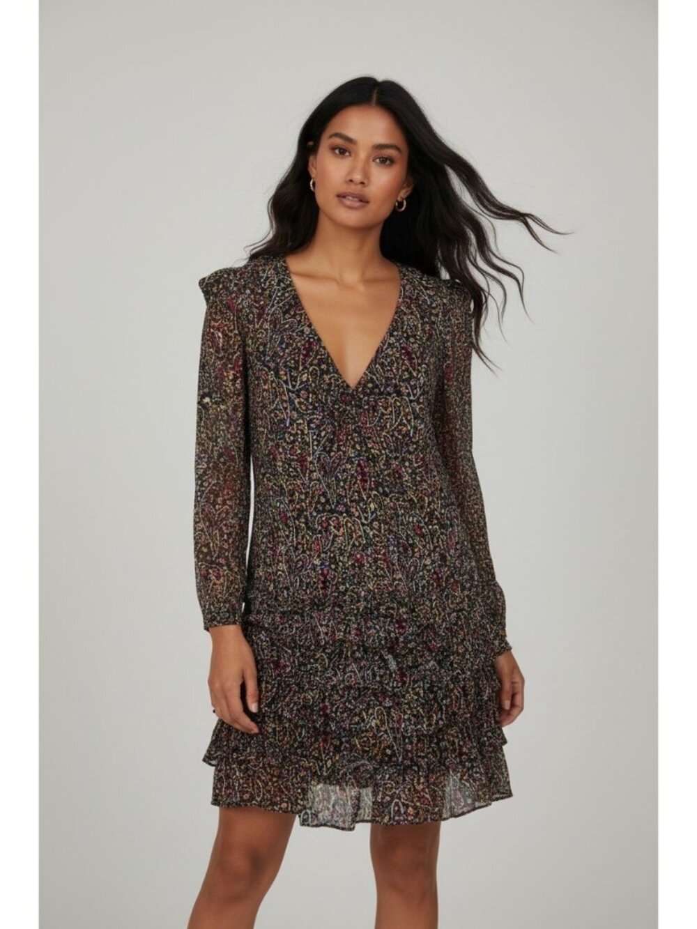 Sandro Cocktail Dress Size Medium Black Multicolor Ruffle Boho Festival Prairie